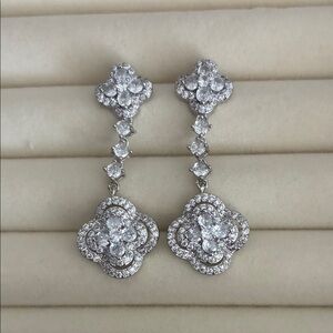 Sterling Silver White Crystal Drop Earrings - Elegant Floral Design